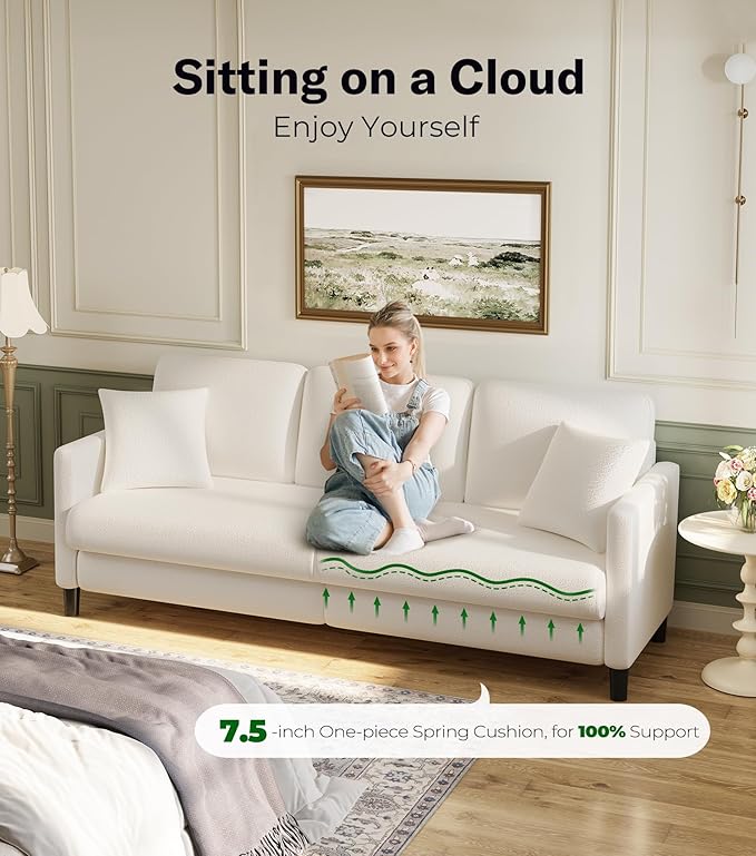 83" Couches for Living Room, Comfy Sofas for Living Room, Teddy Sofa Couch, Tool-Free Setup Loveseat Sofa, All-Wood Love Seat Couches, Small Couch 2 Pillows Included, Cream White