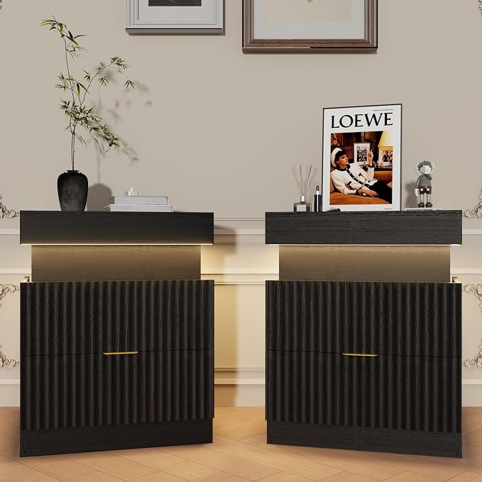 Wooden Nightstand with Charging Station & LED Lights, Modern Fluted Bedside Table with Sliding Top & Drawers for Bedroom & Living Room, Black - Image 7