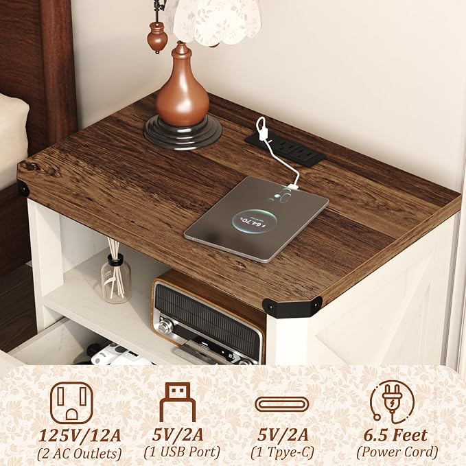 Yusong 23.62” Tall Farmhouse Nightstand, Rustic Wooden Night Stand with Charging Station, Beside Table with Drawers and Open Storage, End Tables for Bedroom, White - Image 5