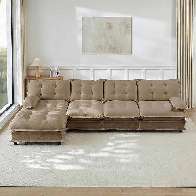 Oversized Modular Sectional Sofa with Reversible Ottoman, 138" Wide L-Shaped Chenille Cloud Couch for Living Room, Deep Seat Furniture Set with Detachable Pillow Armrest and Thickness Cushions | Free Combination, Tufted