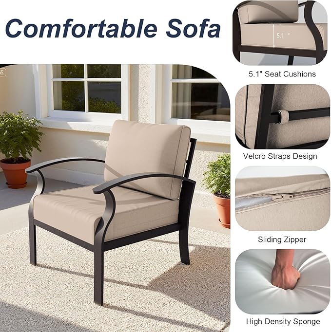 ALAULM Aluminum Patio Furniture Set with Propane Fire Pit Table 6-seat Metal Outdoor Furniture w/Swivel Chairs Patio Sectional Sofas w/5.1" Cushions for Patio, Backyard, Poolside-Sand