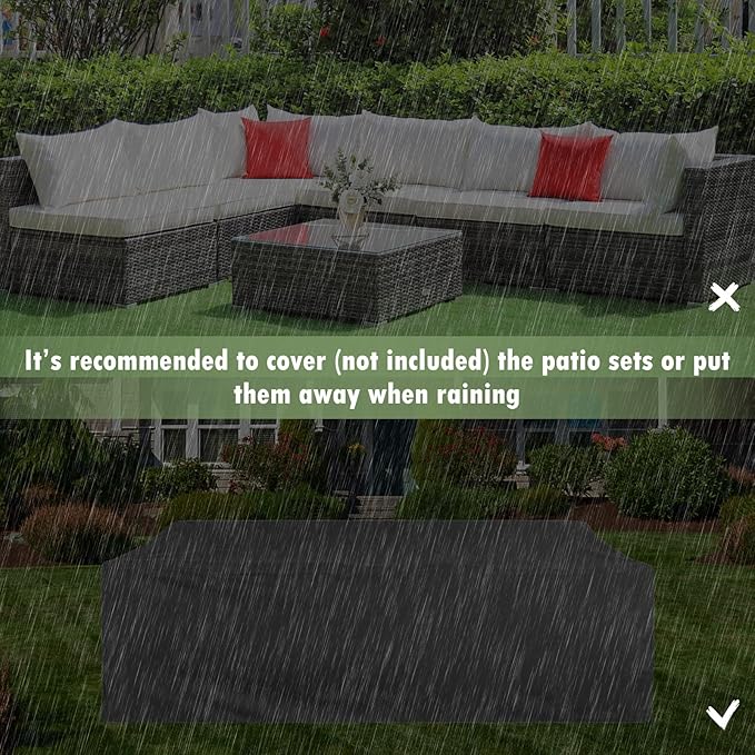 Tangkula 7 Piece Patio Wicker Furniture Set, Outdoor Rattan Sectional Sofa Set for 6 with Seat & Back Cushions, 2 Throw Pillows, Sofa Fastener Clips, for Backyard, Poolside, Deck and Garden (Navy)