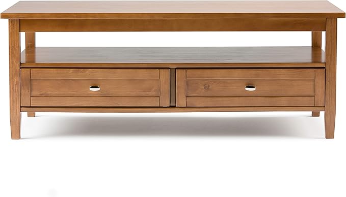 SIMPLIHOME Warm Shaker Coffee Table - 48 inch Wide Solid Wood Coffee Table in Light Golden Brown, Transitional Living Room Table with 2 Drawers, Open Shelf, Shaker Fronts and Tapered Legs