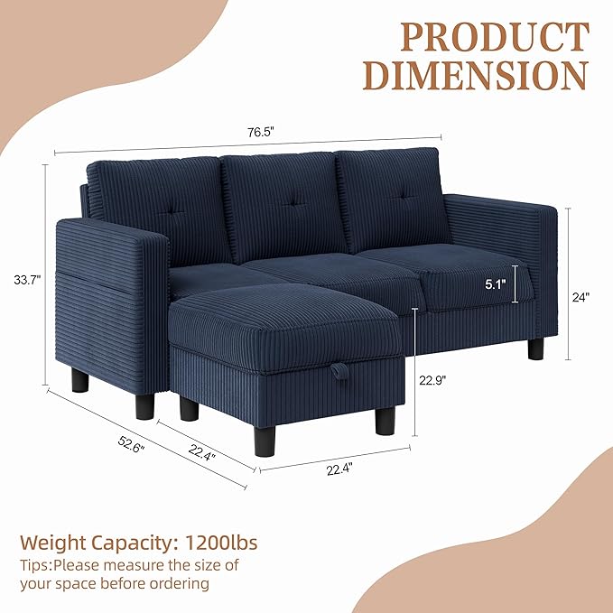 Shintenchi 76" Modern Upholstered Sectional Sofa, L-Shaped Couch with Storage Ottoman and Reversible Chaise for Living Room, Blue Corduroy Fabric