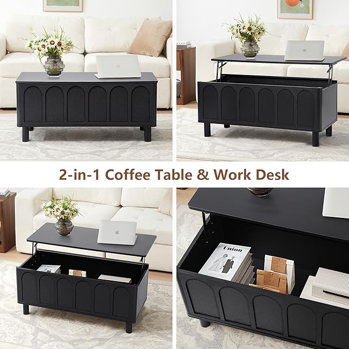 Lift Top Coffee Table with Arched Finish, Modern Coffee Table with Lifting Tabletop & Hidden Storage, Wood Center Table for Living Room,Convenient for Dining, Gaming or Working (Black)