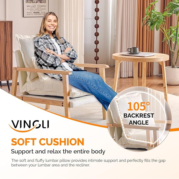 VINGLI Mid-Century Modern Cloud Accent Armchairs Set of 2 with Lumbar Pillow, 6.3'' Thick Seat Cushion Reading Chairs with Wooden Armrests, Boho Lounge Chair for Bedroom, Living Room, Chenille, Beige