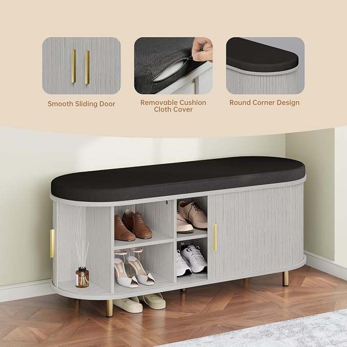 DHH 2-Tier Storage Bench,Wide Shoe Bench with Thickened Padded Seat Cushion, Mid Century Modern Fluted Sliding Door and Adjustable Shelf, for Entryway, Living Room, Bedroom (Grayish White, 43.3“) - Image 7