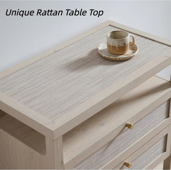 VividVibe Light Oak Night Stand Set 2, Nightstand with Drawers and Storage Shelf - Rattan Boho Bedside Tables Large Nightstands Wooden Bed Side Table, Modern Farmhouse Accent End Table - Image 4