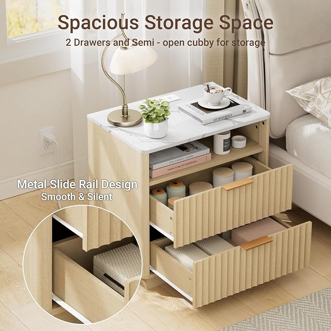 Fluted Nightstand, Night Stand Set 2, 23" Wide Nightstands Set of 2 with Charging Station & Faux Marble Top, 2 Drawer Large End Table w/Storage, Modern Bedside Table for Bedroom,Natural Oak - Image 6