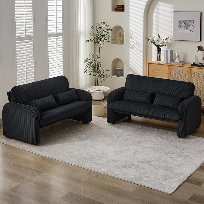 WUTUTUEE 56'' Corduroy Loveseat Sofa, 2 Seater Love Seat Couch for Small Space, Comfy Upholstered Modern Leisure Loveseat Couches with Lumbar Pillows for Bedroom, Office, Living Room, Black