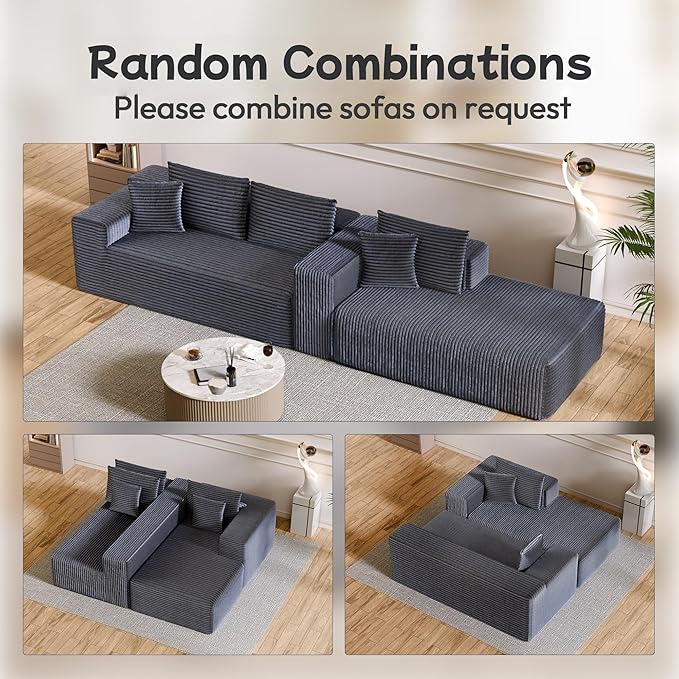 104” Sectional Cloud Couch, L-Shape Compressed Sofa with Left Chaise Lounge, Modern Modular Cloud Couch with 2 Pillows & Deep Seat, Flannel Velvet Floor Sofa for Living Room, Dark Gray