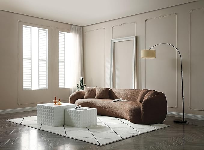 KEIKI 103" Boucle Half Moon Curved Sectional Sofa with 4 Throw Pillows, Modern 5-Seater Teddy Fleece Leisure Couch with Curved Backrest, Easy Assembly, for Living Room, Bedroom, Brown