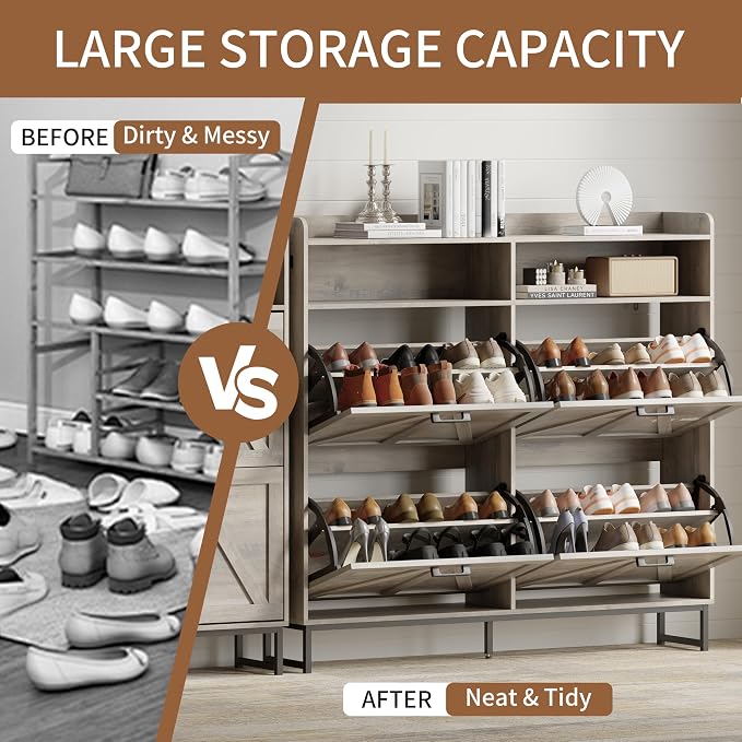 Shoe Cabinet with 4 Flip Drawers, Freestanding Hidden Shoe Storage Organizer for Entryway, Narrow Slim Shoe Rack Cabinet with Open Storage & Hooks for Front Door Entrance, Living Room, Hallway, Grey - Image 5