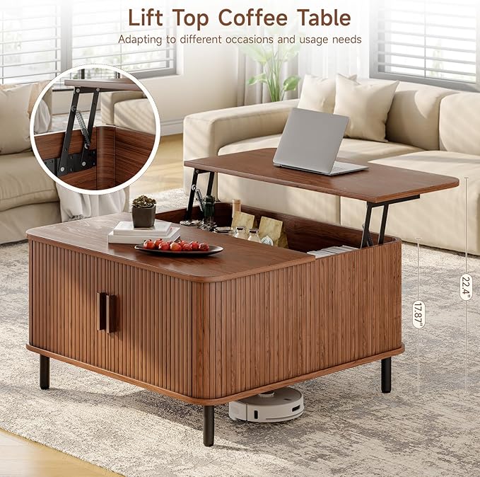 ONBRILL Lift Top Coffee Table with Large Hidden Compartment, Wood Square Coffee Table with Adjustable Footpads, Mid-Century Modern Lift Tabletop Dining Table for Living Room, Home Office, Walnut