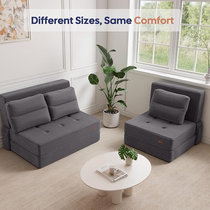 COMAX Folding Sofa Bed, Foldable Couch for Bedroom, Convertible Floor Sleeper Futon Chair Foam, Corduroy 3 in 1 Fold Out Chair Portable Comfy Lounge Couch Sofa Bed for Small Space, Single, Grey