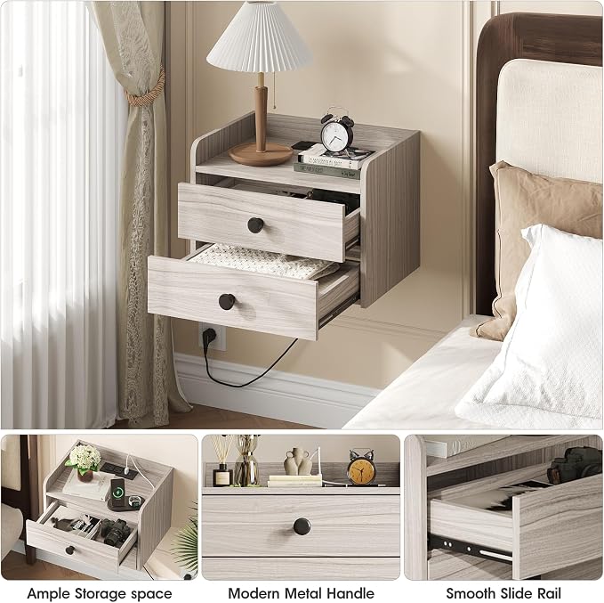 Floating Nightstand Set of 2 with 2 Storage Drawers and Charging Station Wood Wall Mounted Bedside End Table Modern Night Stands Set 2 for Bedroom,Small Space,Grey Black - Image 5