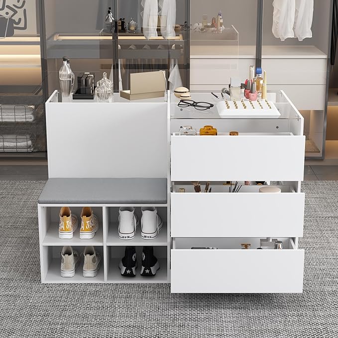 Homsee Wardrobe Armoire Closet with Bench, Walk-in Closet Island Dresser with Glass Top, 9 Drawers & Shoe Shelves, Modern Wooden Wardrobe Storage Cabinet for Bedroom, Fitting Room & Shops, White