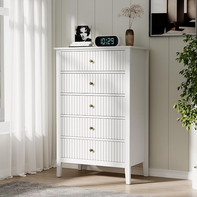 RoyalCraft White Fluted 5 Drawer Dresser for Bedroom, Tall Chest of Drawers, Waterproof Lacquered Desktop,Modern Wood Storage Cabinet for Living Room by Bringyoubetterlife