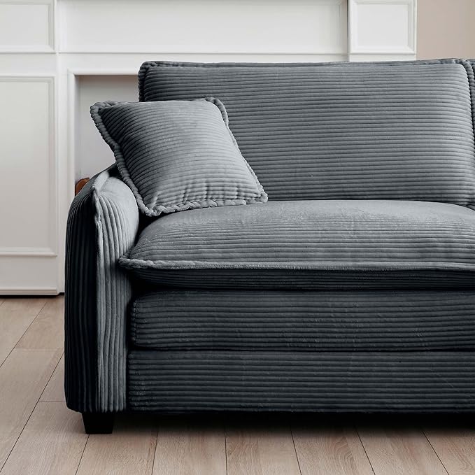 KEIKI 115" Oversized Corduroy Modular Sectional Cloud Sofa with High-Density Foam Cushions, Removable Armrests, Upholstered Modern 3-Seater Fluffy Corner Couch with 5 Pillow, for Living Room, Grey