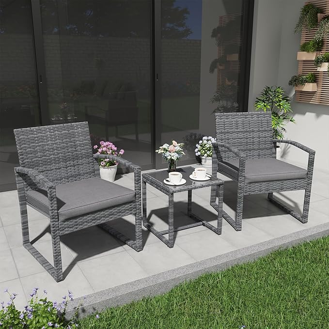 Patiorama 3 Piece Outdoor Patio Furniture Conversation Set, Rattan Chair Set With Coffee Table, For Garden, Balcony, Backyard, Poolside (Dark Grey)