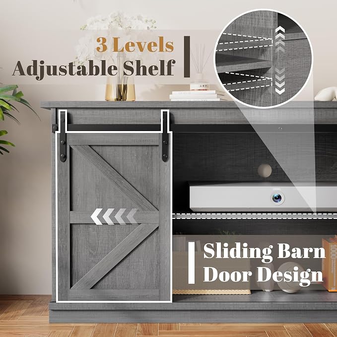 YESHOMY Farmhouse TV Stand for Televisions up to 65 Inch, Wood Entertainment Center with Sliding Barn Doors and 4 Storage Drawers, 58’’ Media Console Cabinet with Shelves for Living Room, Gray - Image 5