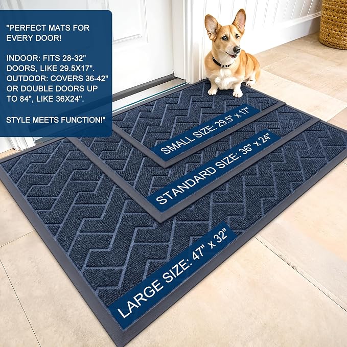 OLANLY Front Door Mat Indoor Outdoor Entrance, Waterproof All-Season, All-Weather Doormat, Sturdy Natural Rubber, Low Profile, Easy Clean Patio Porch Entryway Mat, Herringbone Brick (Blue, 29.5x17) - Image 2