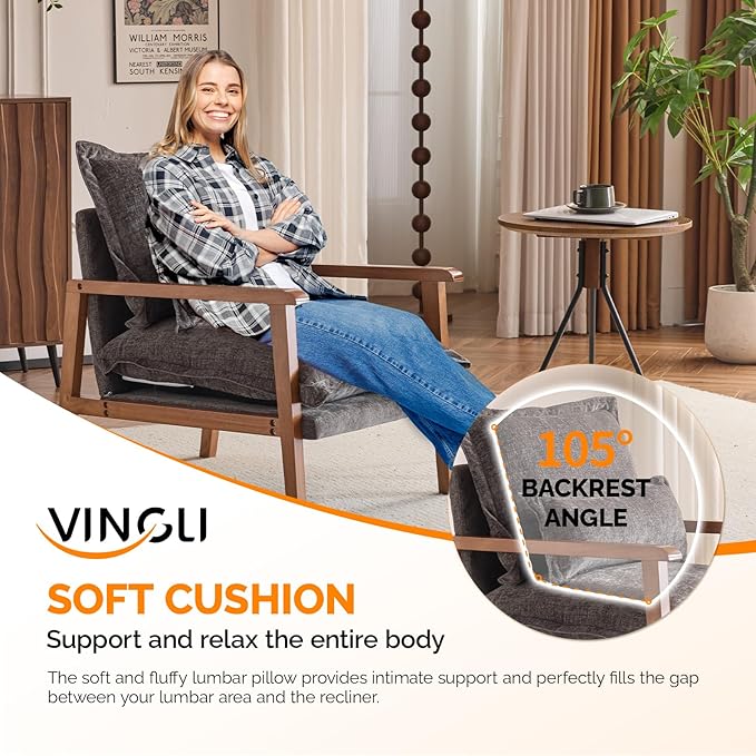 VINGLI Mid-Century Modern Cloud Accent Armchair with Lumbar Pillow, 6.3'' Thick Seat Cushion Comfortable Reading Chair with Wooden Armrests，Boho Lounge Chair for Bedroom, Living Room, Chenille, Grey