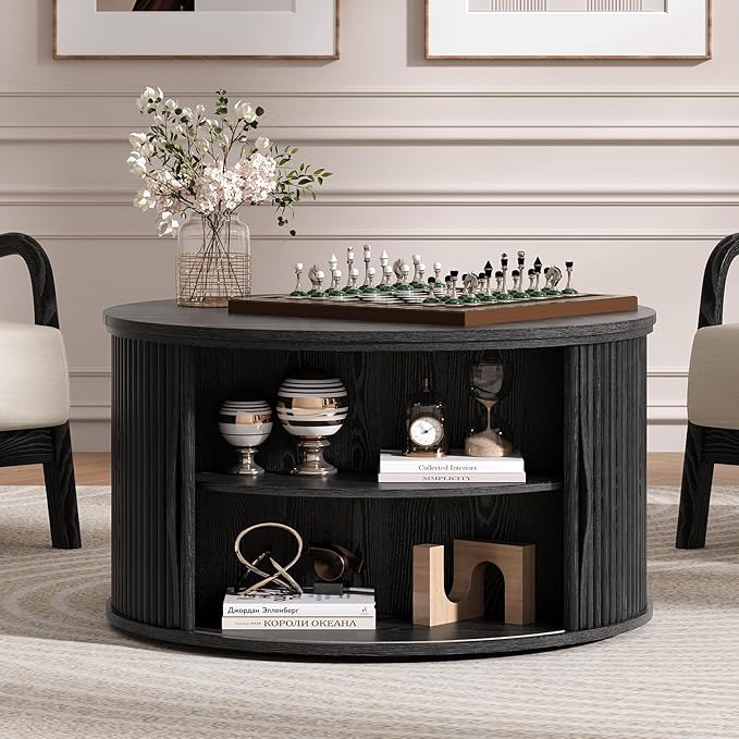 Round Lift Top Coffee Table, 31.5” Mid Century Modern Center Table with Hidden Storage, Fluted Circle Coffee Tables for Living Room, Home Office, Black