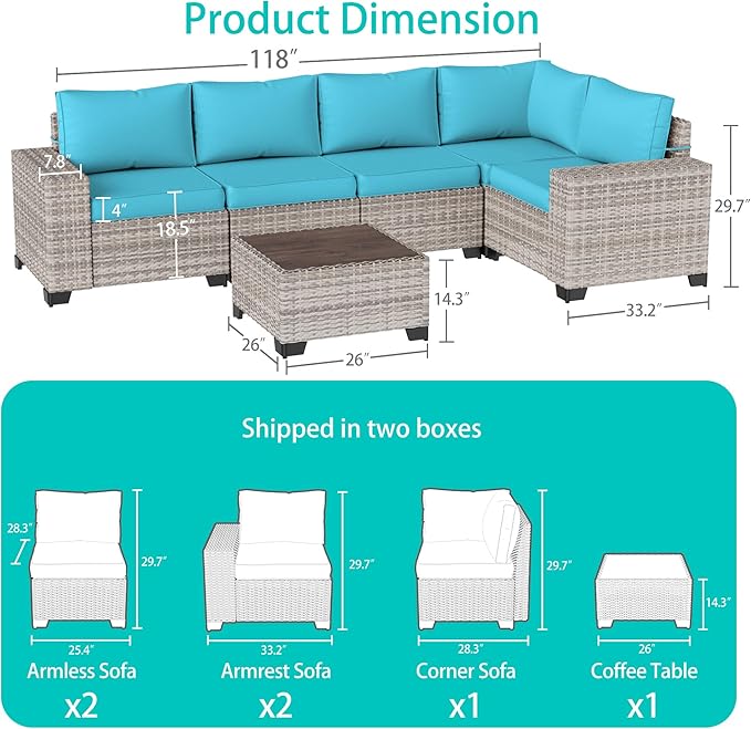 6-Piece Outdoor Patio Furniture Set Wicker Rattan Sectional Sofa Set, Patio Conversation Set with Thickened Cushions & Coffee Table for Backyard, Turquoise