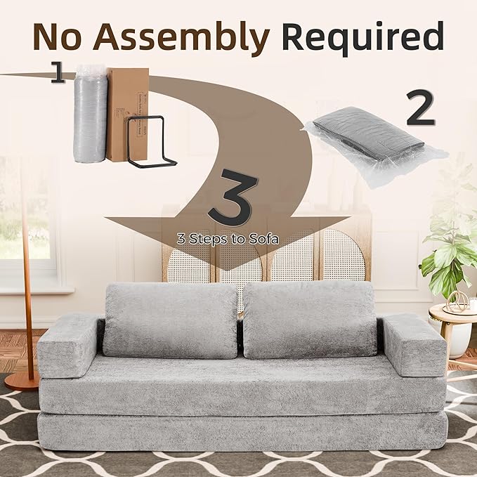 Convertible Sofa Bed, 4-in-1 DIY Combination Modular Couch with Pillows, Comfy Boneless Sleeper Sofa Bed with Fixed-Shape Frame, Chenille Convertible Lounge Couch for Living Room, Light Gray