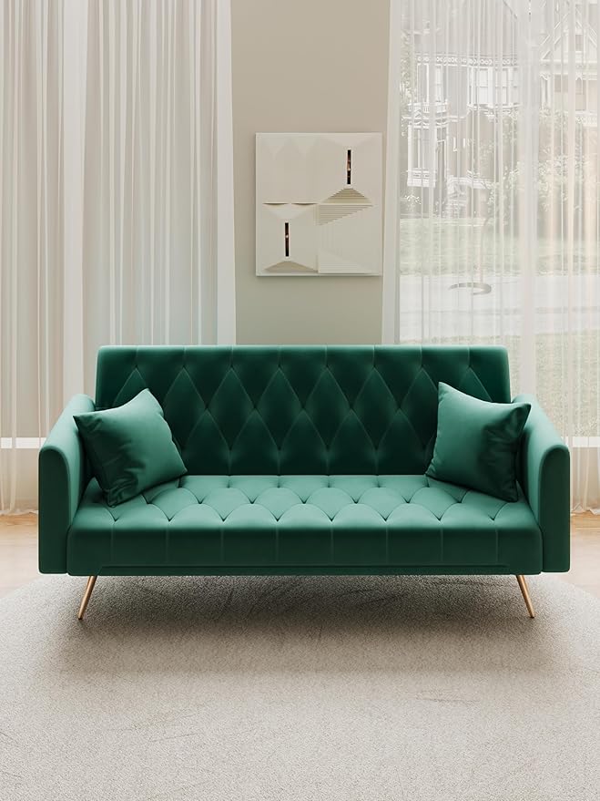 KEIKI 71 INCH Loveseat Sofa with Adjustable Backrest, Upholstered 2 Seater Velvet Couch for Living Room Bedroom Office Apartment, Green