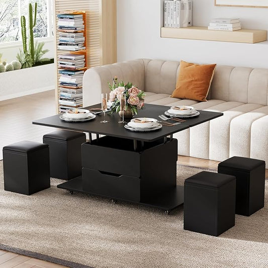 homary Coffee Table with Stools, Black 3-in-1 Modern Lift-Top Folding Center Table with Hidden Storage, Casters, and Lockable Wheels ¨C Convertible Dining & Office Table for Living Room