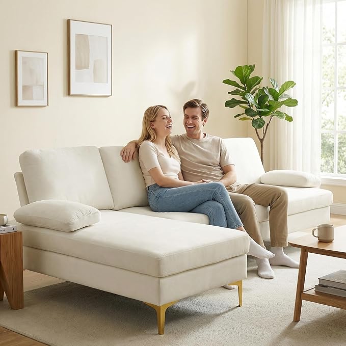 Modern L-Shaped Sectional Sofa with Gold Legs, Apartment Sectional Couch with Left Facing Chaise, 4 Seater Fluffy Couch, 99 Inch Furniture, Beige