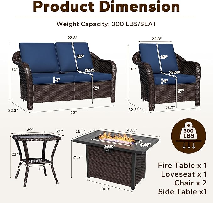 5 Piece Patio Wicker Conversation Set, All-Weather Use Outdoor Wicker Loveseat with 2 PE Rattan Ottomans,2 Chair, 1 Side Table, Ideal for Porch, Backyard, Balcony, Poolside, Blue