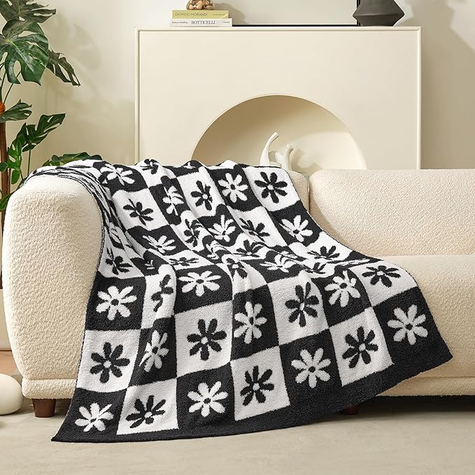 Snuggle Sac Checkered Blanket, Black Flower Throw Blanket for Couch Plaid Microfiber Fluffy Warm Cozy Fuzzy Soft Throw Blanket Reversible Checkerered Blankets for Sofa, Chair, Bed, 50x60 inches