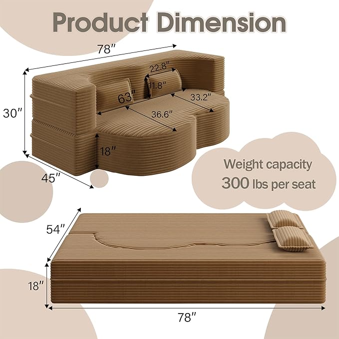 78" Convertible Sofa Bed, 2-in-1 Folding Floor Couch with 2 Pillows, Sleeper Sofa for Living Room and Bedroom, No Assembly Required (Camel, Corduroy Fabric)