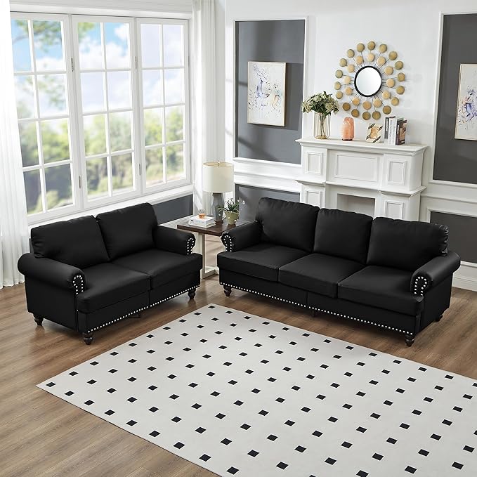 2 Pieses Living Room Sofa Sets Faux Leather Couch and Loveseat with Nailhead Decor, Soild Wood Legs, Rolled Armrests & Storage ,2PCS Sofas 3 Seaters Couch and Love Seat for Living Room Furniture Sets