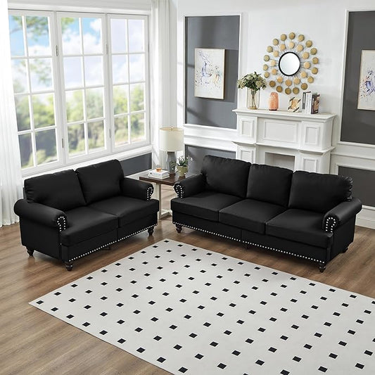 2 Pieses Living Room Sofa Sets Faux Leather Couch and Loveseat with Nailhead Decor, Soild Wood Legs, Rolled Armrests & Storage ,2PCS Sofas 3 Seaters Couch and Love Seat for Living Room Furniture Sets