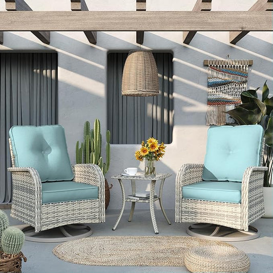 Patio Rocking Swivel Chair Outdoor Wicker Rattan Bistro Set with Tempered Glass Side Table, Outdoor Patio Furniture Set for Garden, Deck, and Balcony, Light Blue