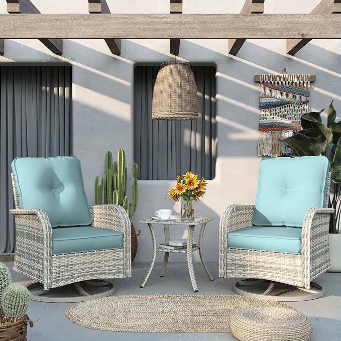 6-Piece Patio Rocking Swivel Chair Outdoor Wicker Rattan Bistro Set with Tempered Glass Side Table, Outdoor Patio Furniture Set for Garden, Deck, and Balcony, Light Blue