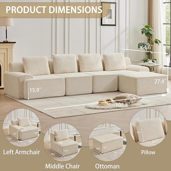Modular Sectional Sofa with Movable Ottoman, 4 Seat Deep Seat Couch with 4 Pillows, Comfy Cloud Sectional Sofa for Living Room, Bedroom and Apartment (White, 1 Left+1 Right+2 Middle+1 Ottoman)