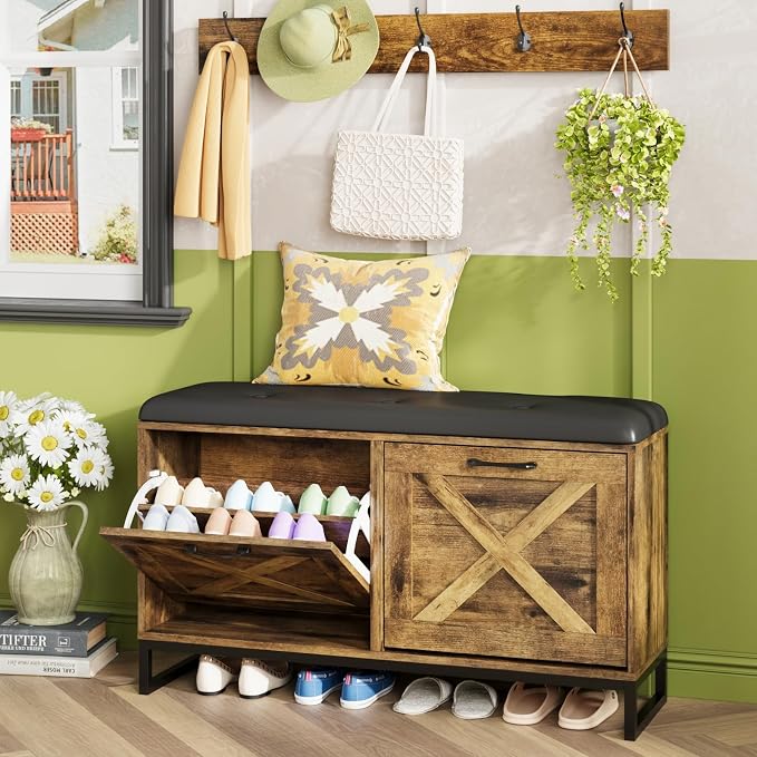 Maupvit Shoe Cabinet with 2 Flip Drawers & Coat Rack, Shoe Storage Bench with Seat Cushion for Entryway, 5 Large Sturdy Metal Hooks - with Locking Wall Parts, Farmhouse Brown by MaupvitFurniture