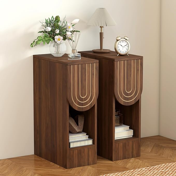 weselon Narrow Nightstands Set of 2, Mid-Century Modern Bedside Table with Carved Drawer and Storage Shelf, Farmhouse Slim Side End Table for Bedroom, Small Space (2, Walnut) - Image 8