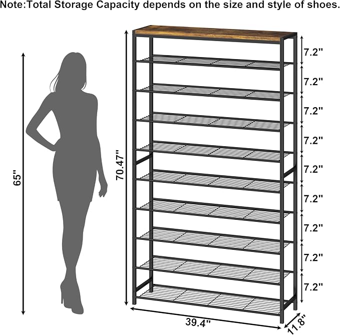 HOMEFORT 10 Tiers Shoe Rack Organizer,39.4" Shoe Storage Shelf for Closet, Shoe Rack for Entryway,Holds 45-50 Pairs of Shoe, Tall Shoe Stand with Metal Shelves and MDF Top Board,Rustic Brown - Image 3