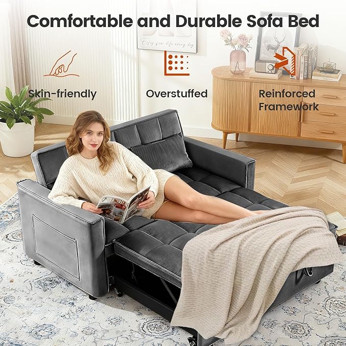 3 in 1 Sofa Bed, Love Seat Sleeper Bed with Side Pockets, Velvet Fabric Pull Out Couch with Adjustable Backrest for Living Room, Bedroom, Apartment, Deep Gray