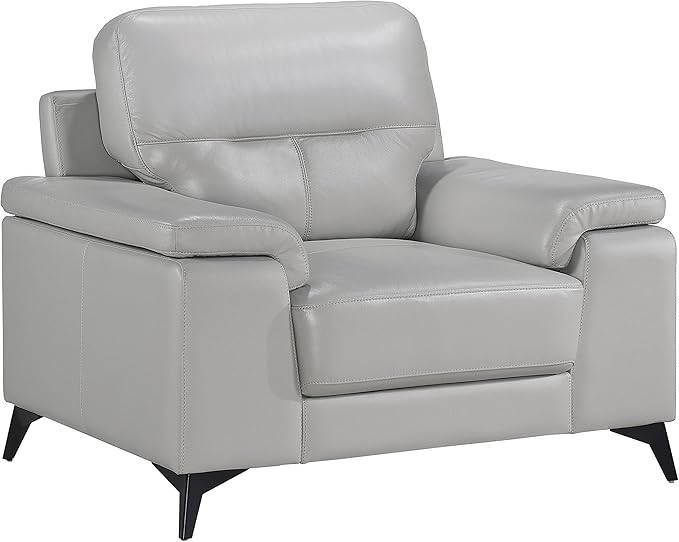 Lexicon Leather Chair, Oversized Seat, Top Grain Leather Lounge Chair, Modern Sofa Arm Chair for Living Room, Bedroom, Office, Apartment, Armchair, Silver Gray