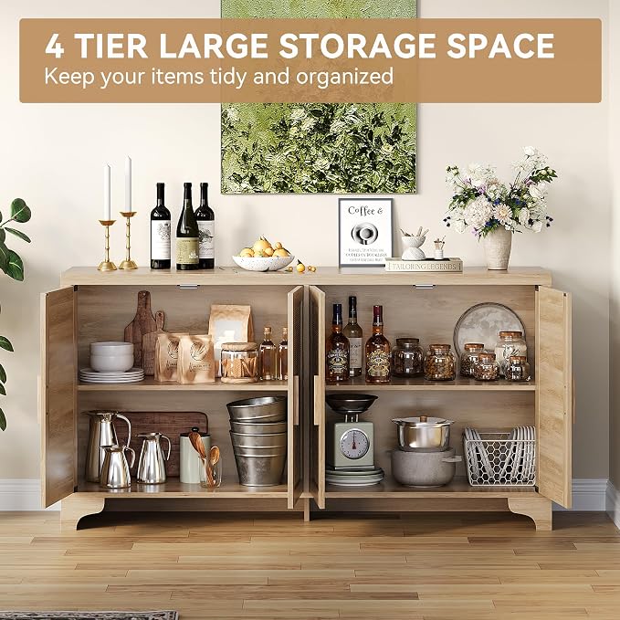 TV Stand for TVs Up to 65'', Natural Rattan Entertainment Center with Storage Cabinets, Boho Media Console Table for Living Room, Farmhouse Cabinet - Image 6