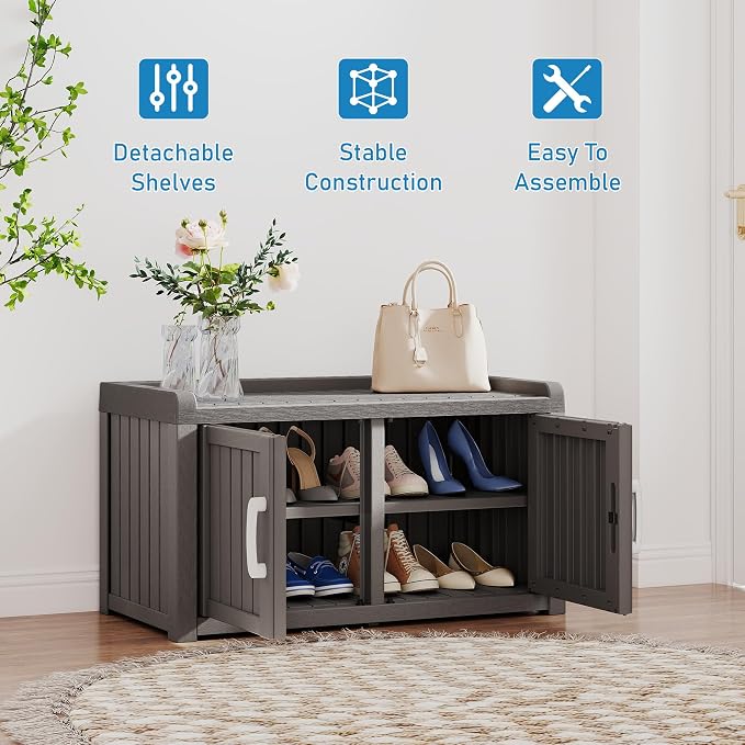 NUNU LAB Shoe Cabinet, Waterproof UV-Resistant Outdoor/Indoor Shoe Storage Cabinet with Adjustable Shelves, Shoe Organizer Bench with 2 Barn Doors for Foyer, Hallway, Living Room, Black - Image 7