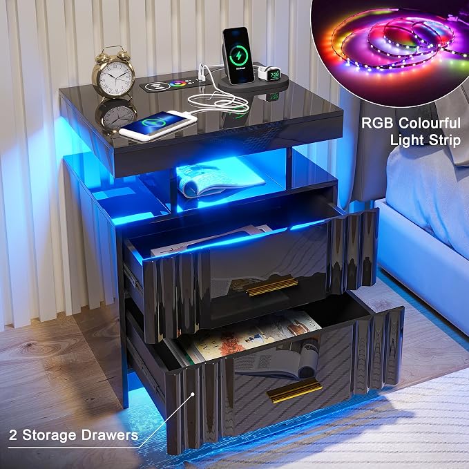 Nightstand with Wireless Charging Station, Bedroom Bedside Table with RGB Lights, Smart Night Stand with 2 Drawers, Bedside Tables Modern Bedside Table for Bedroom, Living Room(Black) - Image 7