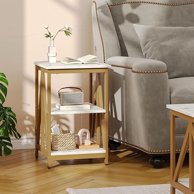 Bigbiglife Living Room Coffee Table Set of 3, Industrial X-Design Coffee Table and 2 End Side Tables, 3 Piece Living Room Table Set with Large Storage for Apartment Home (Marble White)